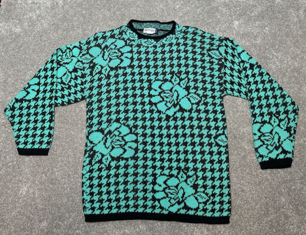 Vintage 80s 90s Diversity Sport Sweater Petite M Houndstooth Floral Maximalist